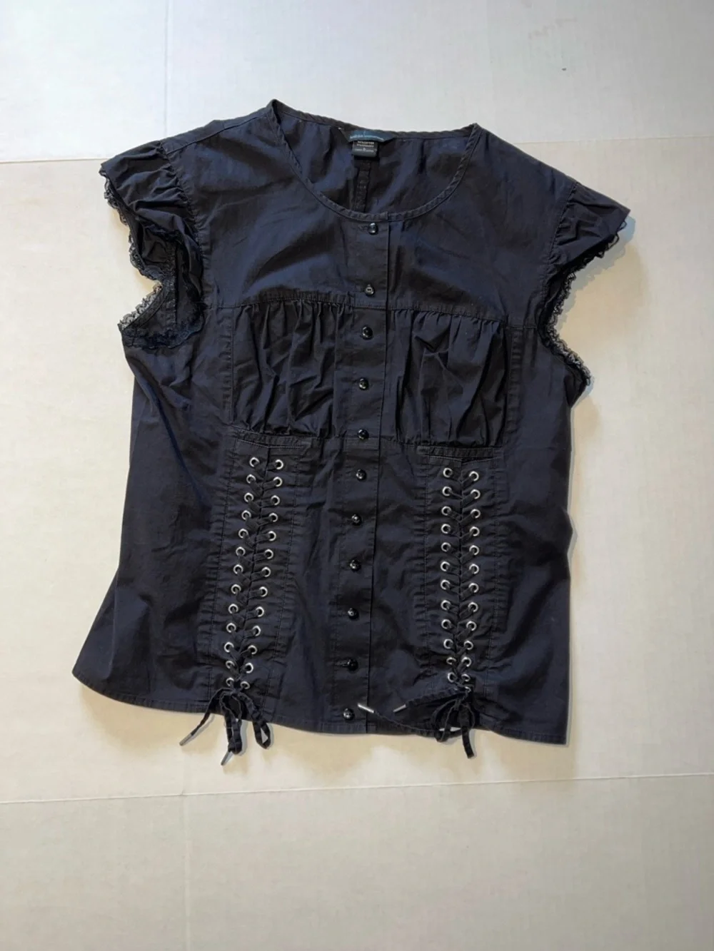 Moda International Black Lace-Trim Button Front Blouse with Corset Lacing Large - Picture 9 of 12